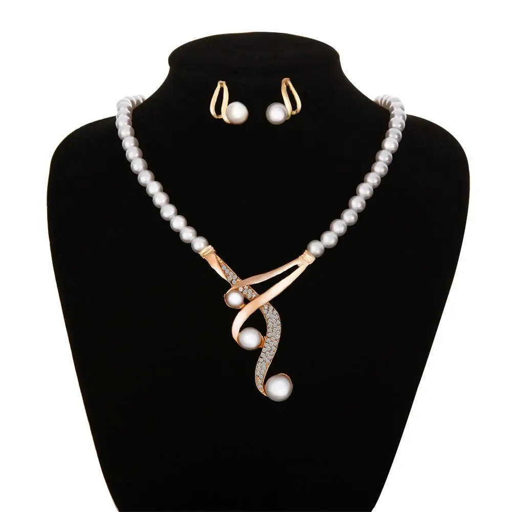 

Hook Shape Pendant Faux Pearl Beaded Necklace Earrings Bridal Party Jewelry Set New