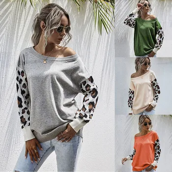 

Womens Pullover Leopard print Blouse stitching Sweatshirt Long Sleeve Sweater Shirts Sexy Splice Large Size Chiffon Top