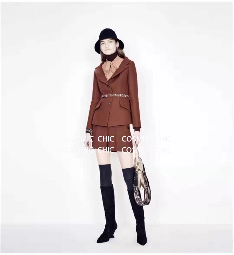 Cosmicchic Women Solid Wool Blazer Runway Design Long Sleeve Pocket Lady Jacket Single Breasted Red Chic Blazer Office Wear