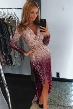 

Women Ombre Sequin Wrapped Ruched Irregular Party Dress Sexy V-Neck Overlay Gradient Color Slit Zip Ruched Elegant Ladies Outfit