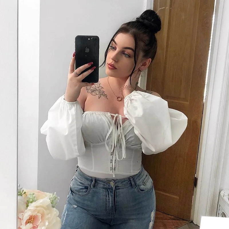 Ceny Kryptograficzne body wiązane bluzki damskie Off Shoulder White Sexy Backless bufiaste rękawy haczyki koszule jesienne modne body