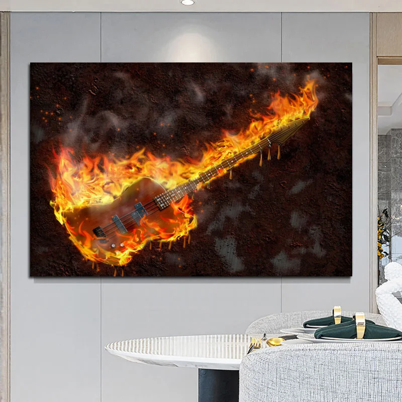 Modern Guitar with Fire Canvas Painting Music Posters and Prints Wall Pictures for Living Study Room Home Decoration Cuadros Art | Дом и сад
