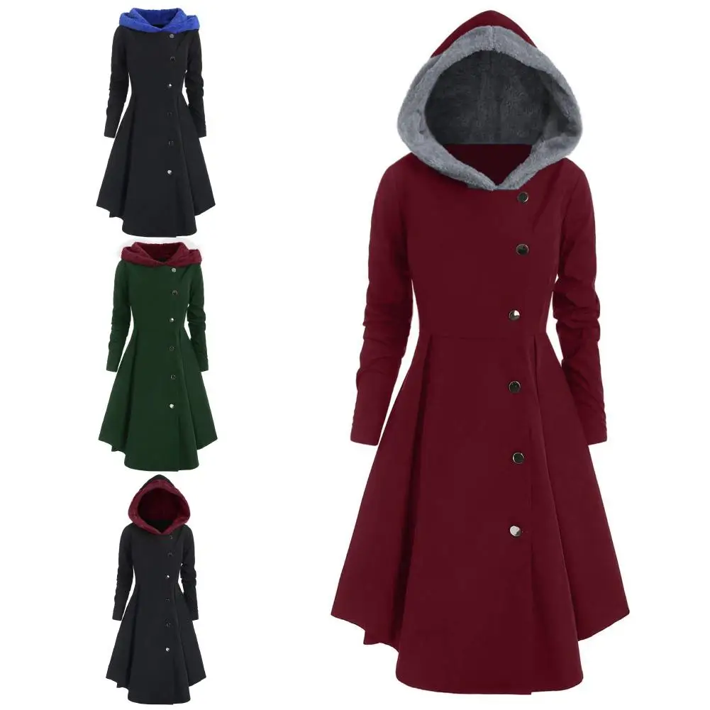 

2019 ladies winter wool coat with hat gothic jacket ladies long coat retro large size women's XL-4XL