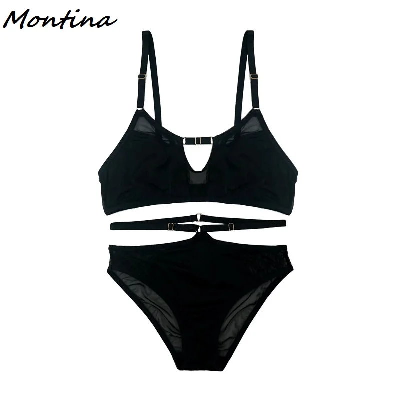 Черный Underwear Set Women Wire Free Bra Set Ultra Thin Bra Unlined Seamless Hollow Mesh Sexy Bra and Panty Set Sleep Underwear Bras - Цвет: Черный