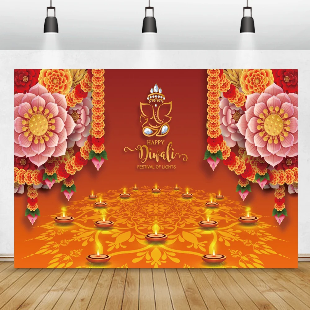 Laeacco Red Flower Happy Diwali Festivals India Carnival Party Candles  Poster Photographic Background Photo Backdrop Photostudio