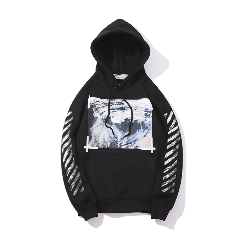 Black Принт Морской спрей в полоску 19ss Off-White OW для мужчин/женщин Осень Зима Хлопок Мода Повседневная Свободная Толстовка с капюшоном куртка - Цвет: Black