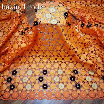 

wholeslaes 2020latest Gezner African Bazin riche brode lace with heavy stones fabric for Evening Party Dresses Orange