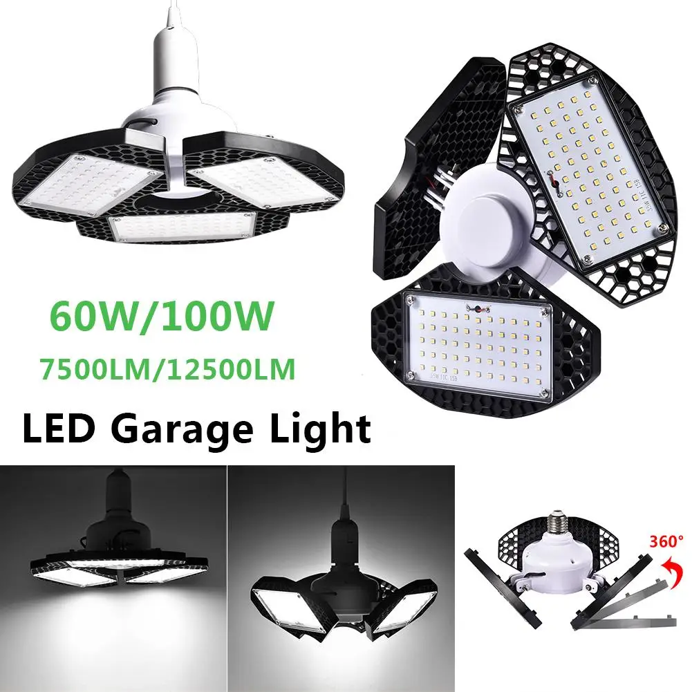 LED Garage Lights,100W Deformable LED Garage Ceiling Lights12500 LM CRI 80 Led Shop Lights for Garage, Garage Lights with 3 Adju