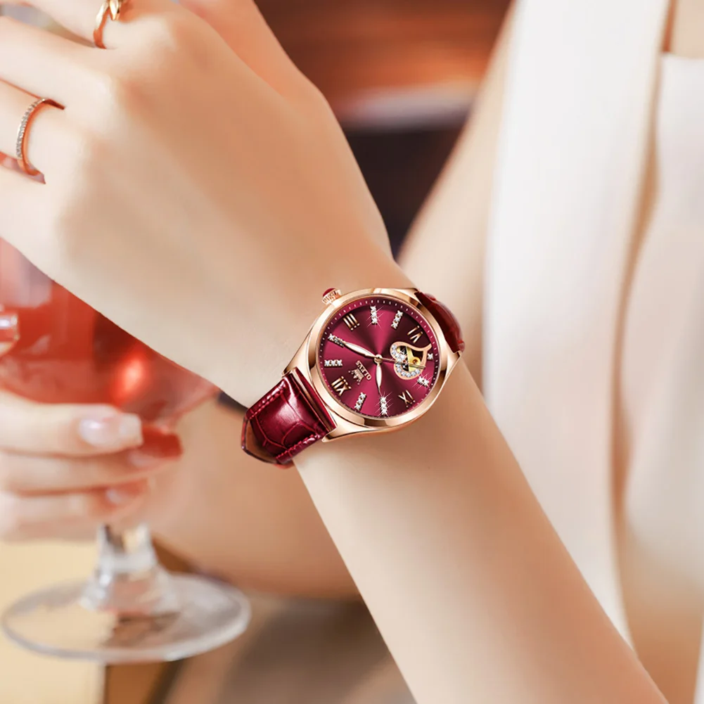 New Luxury Women Watches Automatic Mechanical Leather Wrist Watch Rhinestone Ladies Fashion Bracelet Set Gift Top Brand часы