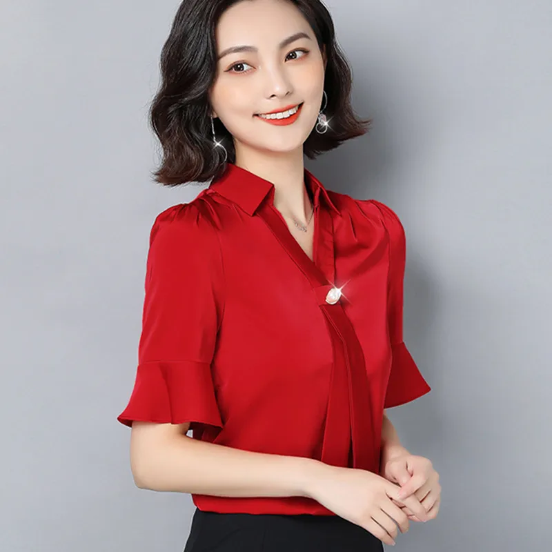 

Korean Chiffon Blouses Women V Neck Beading Blouse Shirt Woman Solid Blouses Flare Sleeve Tops Plus Size Blusas Solid Half