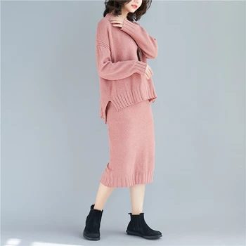 

CBAFU plus szie women knitted 2 piece set spring autumn o neck long sleeve loose sweater elastic waist skirt suit knit set P596