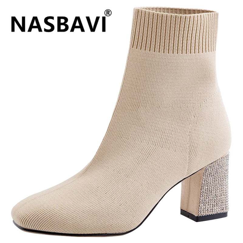 

2019 winter square toe high-heeled Stretch knitting ankle boots women's fashion simple and comfortable Rhinestone short boots