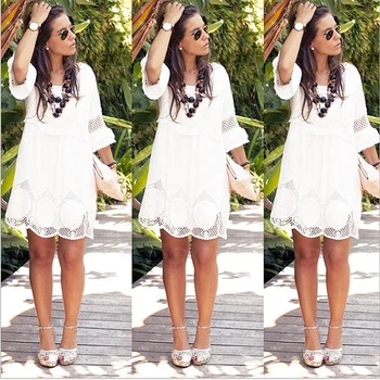 

White Vacation Weekend Bohemian Beach Lace Hollow Out Flounce Sleeve Mini Loose Hem Dress Summer Women Dress Plus Size 6XL