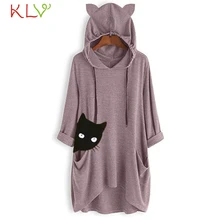 T Shirt Women Hooded Ear Cat Print Long Sleeve Tshirt Fashion Casual Loose Winter Pullover Femme Top Mujer Plus Size 19Jul