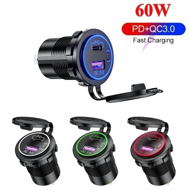 5v 1a usb 60W USB Car Charger PD Type C QC 3.0 Fast Charging Power With Switch USB Car Charger Universal Motorcycle Car Truck RV ATV Boat 65 watt car charger