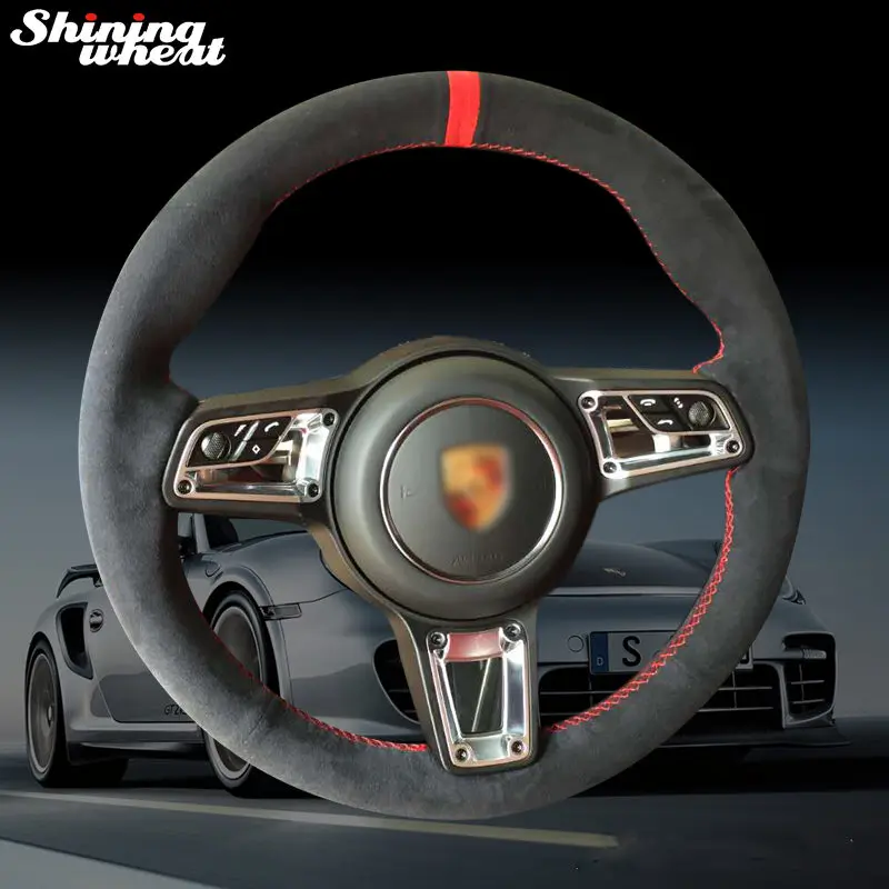 

Shining wheat Black Alcantara Car Steering Wheel Cover for Porsche Macan Cayenne 2015-2016