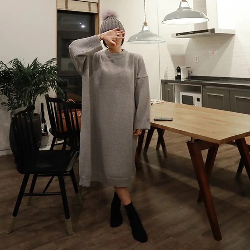 

Loose-Fit Sweater Women's Pullover Korean-style New Style Autumn And Winter Mid-length Sweater Dress Sweater Chi Base Shirt Fash
