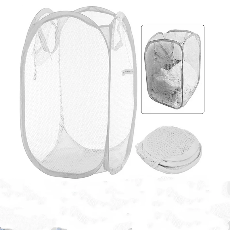 

1pcs Foldable Portable Washing Clothes Laundry Basket Bag Mesh Storage Bin White Clothes Storage Baskets Home Bathroom Organizer