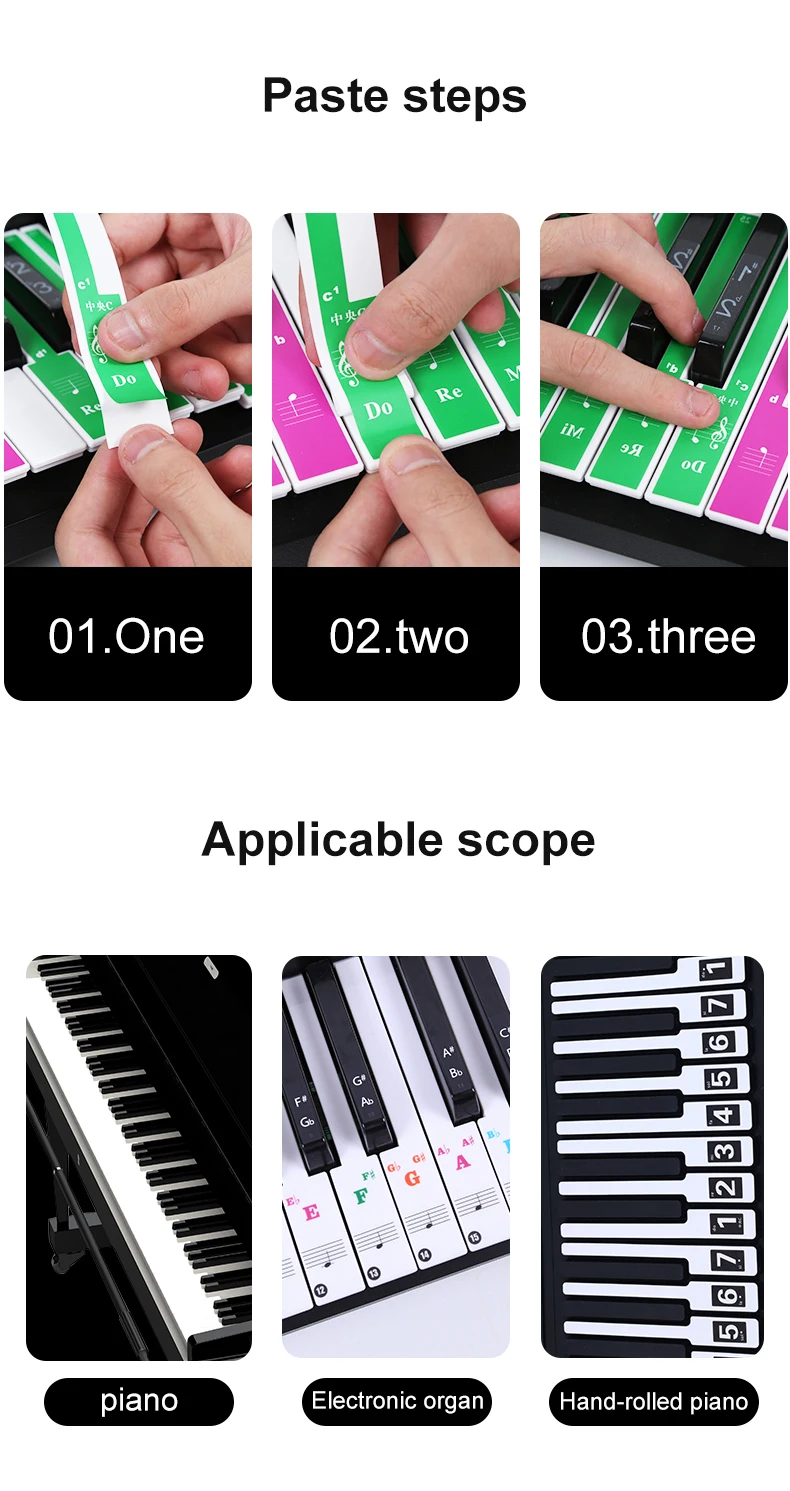 88keys piano stickers Assist novice beginners to learn piano tools Can be used repeatedly Rectangular piano key note sticker