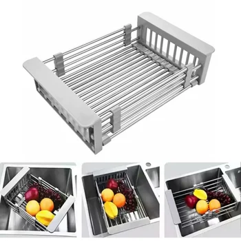 

Adjustable Drainer Basket Over Sink Drain Tray Dish Fruit Drying Rack Kitchen