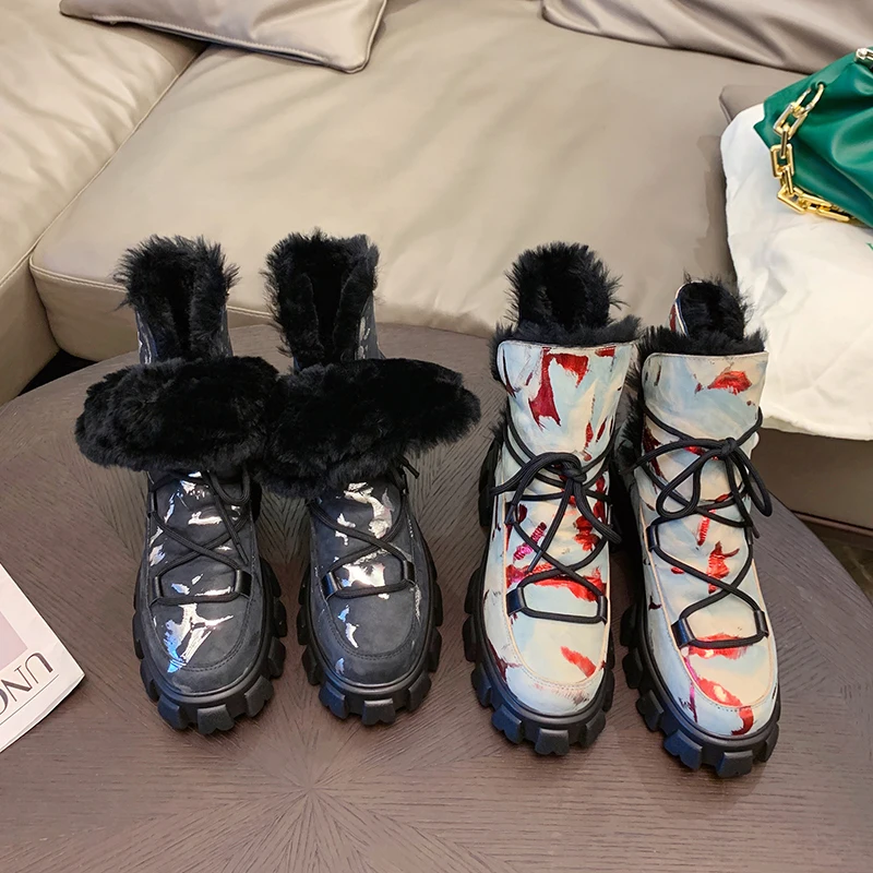 

2021 Genuine Leather Boots Winter Keep Warm Snow Boots Comfortable Square Heels Mixed Colors Ankle Boots Women