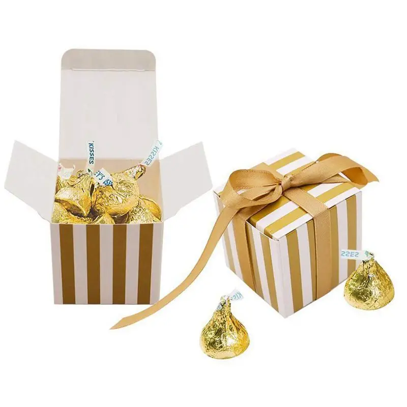 

100 pcs Gold Favor Boxes, Stripes Design Candy Treat Gift Boxes with Ribbon for Bridal Shower Baby Shower Wedding Birthday Party