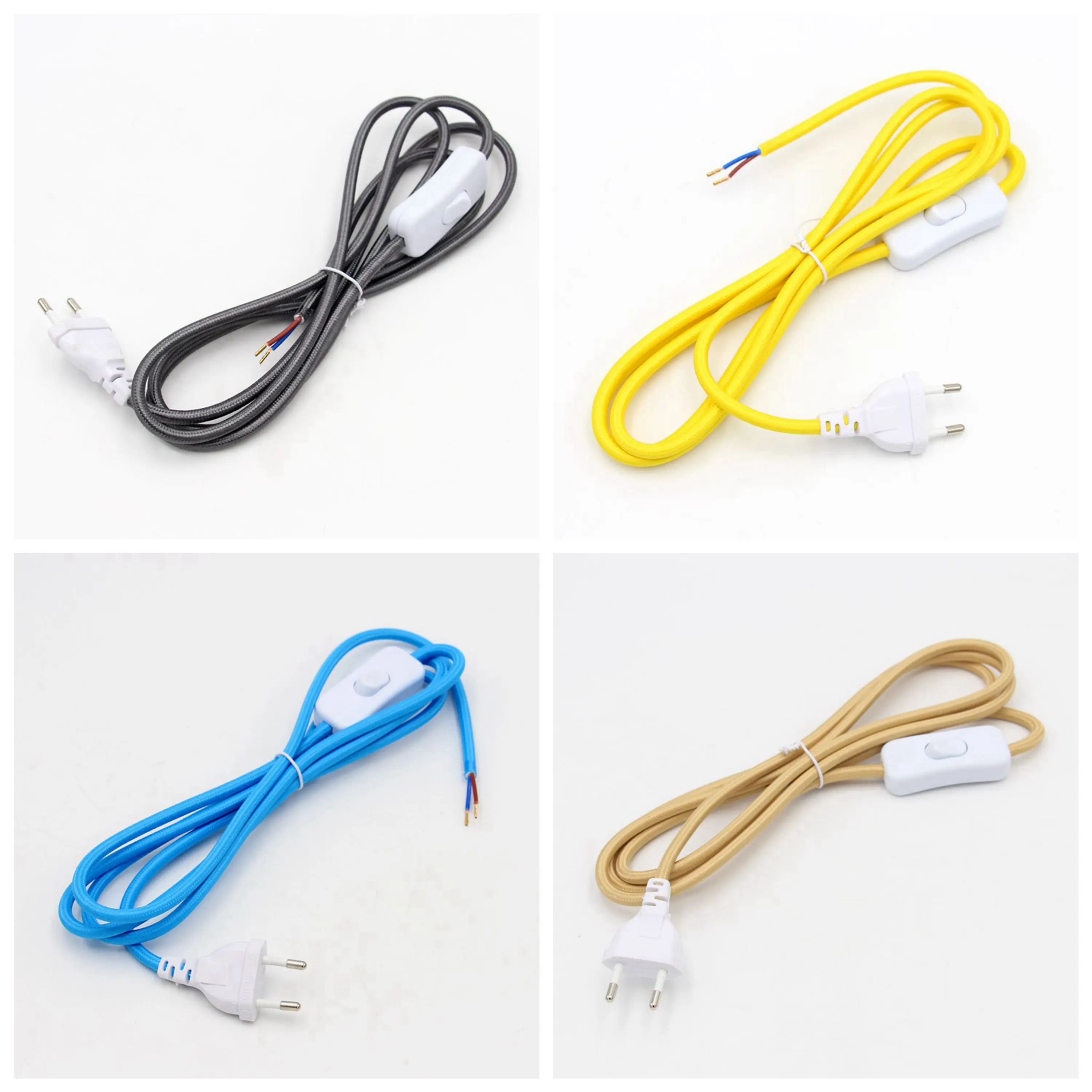 European Plug Fabric Braided Power Cord with Inline Switch