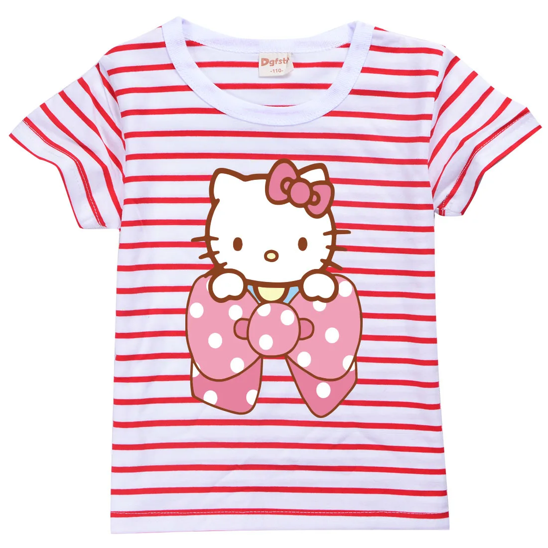 thumbnail image 1 of Hello Kitty moda para chicas de algodón a rayas de manga corta Camiseta niños verano Casual dibujos animados impreso Tops ropa para niños, 1 of 4