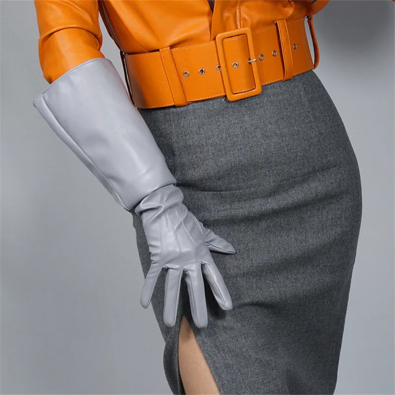 Big sleeve 50cm 70 см, очень длинные кожаные перчатки, очень длинные, имитация кожи, овчина, серебристо-серый светильник, серый цвет, 3-PUQHS70 - Цвет: Big sleeve 50cm