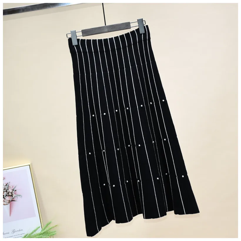

Winter Pleated Knitted Skirts Women High Waist luxury bead Midi Skirt Plus Size Autumn Black Vintage Sexy Tutu Skirt