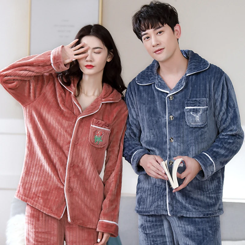 Couple Winter Pajama Sets Long Sleeve Thick Sleepwear for Men and Women Coral Velvet Flannel  Sleepwear Couple Casual Homewear