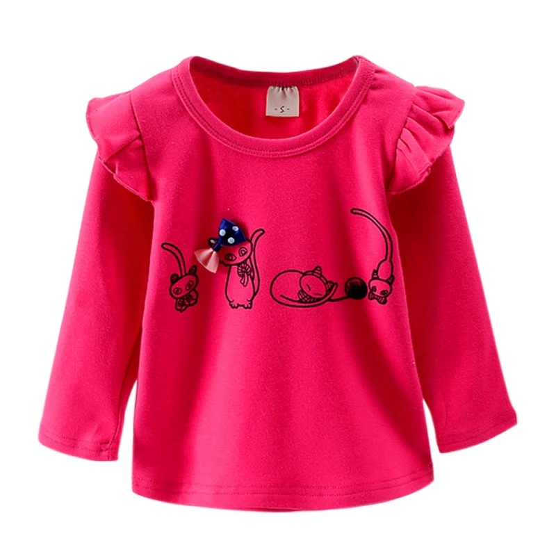 Осенние футболки для маленьких девочек; футболки с длинными расклешенными рукавами и рисунком кота; топы для детей; Повседневная Блузка; рубашка для девочек - Цвет: Red