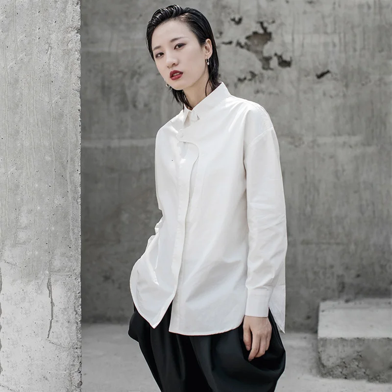  [EAM] Women White Split Joint Temperament Blouse New Lapel Long Sleeve Loose Fit Shirt Fashion Tide