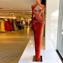 

New Elegant Formal Prom Dresses Beading Sequined Hight Neck Long Sleeve Pleat Tight Evening Dress For Ladies Robes De Soirée