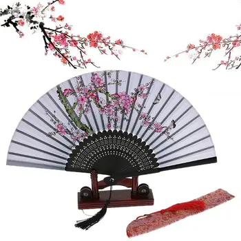

Retro Japanese Chinese Folding Silk Hand Held Fan Peach Blossom Bamboo Wedding Party Dance Decor Gifts