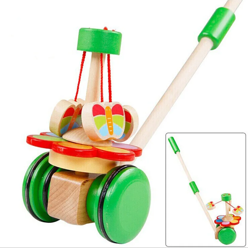 

High Quality Wooden Animal Single Pole Cart Baby Walker Rotating Butterfly Baby Educational Toy Infant Help Car