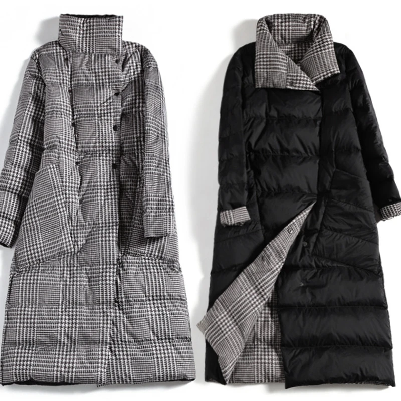 color same picture new style winter double-sided down jacket plaid long style over knee women coat lapel retro simple warm female clothes - Цвет: color same picture
