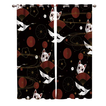

Japanese Fox Mask Biackout Window Curtains Living Room Curtain Kitchen Curtains Left and Right Biparting Open Home Decor