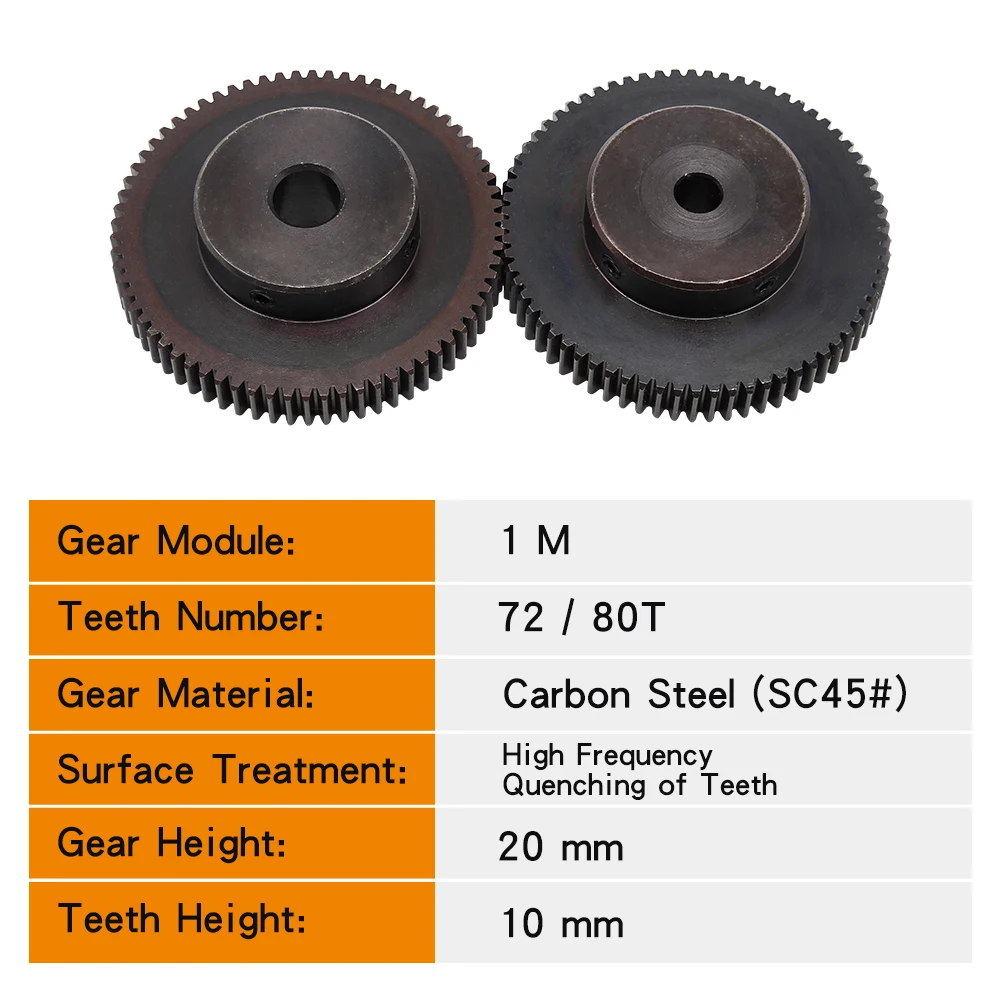 모터 기어 1M-72T/80Teeth SC45 탄소강 고주파 담금질 치아 기어 휠 보어 크기 8/10/12/14/15/16/17/19/20mm