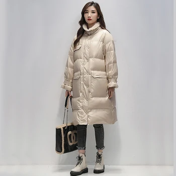 

New Korean Style Down Puffer Jacket Women Patchwork Lamb Fur Collat Long Down Coat Ladies Long Parkas Female Thick Warm Outwear