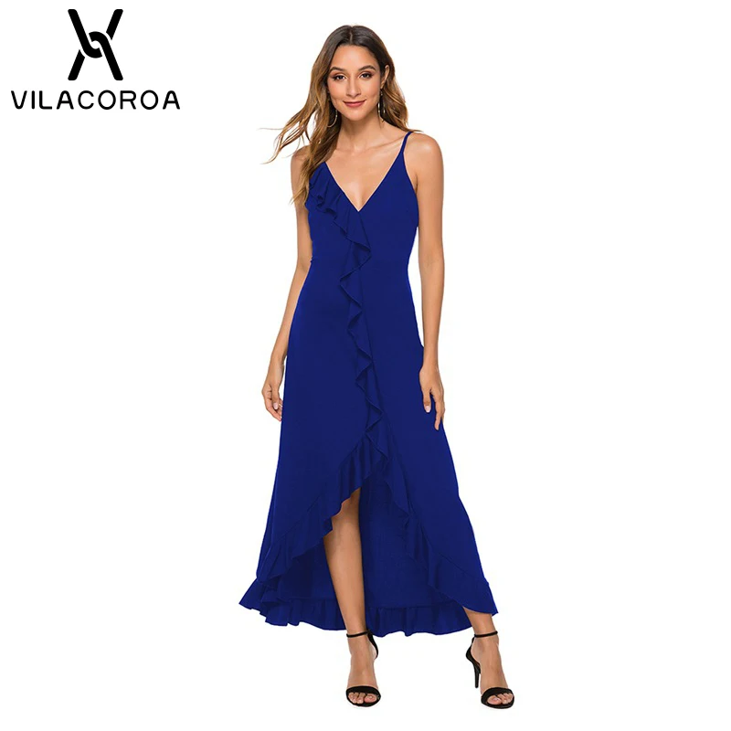 

Vestidos Largos Women's Sexy Casual Fashion Dress Adjustable Strap V-neck Solid Ruffled High Waist Asymmetric Dress Female