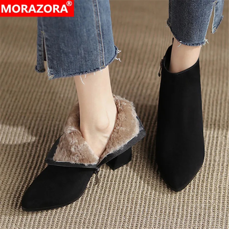 

MORAZORA 2022 New Arrive Winter Shoes Women High Heels Ankle Boots Suede Leather Zip Keep Warm Dress Shoes Women Snow Boots