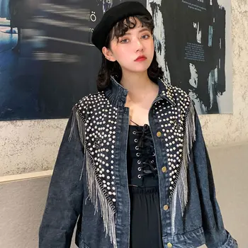 

Chaquetas Mujer 2019 Autumn Streetwear Denim Jacket Women Hand-studded Rivet Tassel Chain Short Jeans Jacket Loose Black Coats