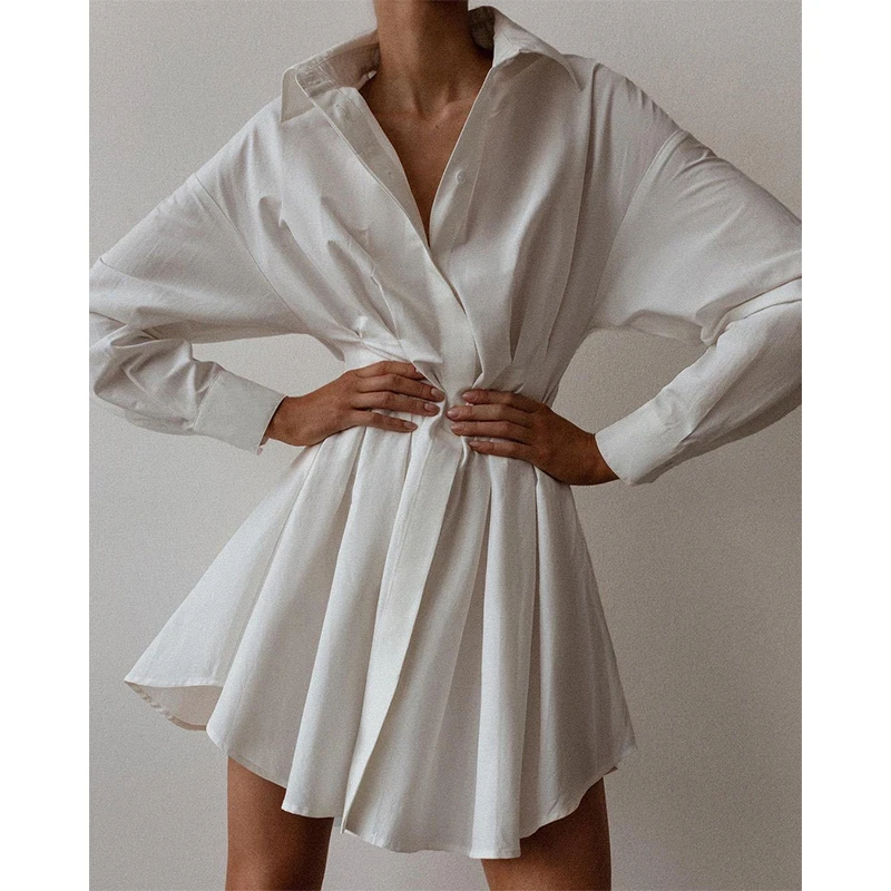 

Women Pleated Elastic Waist Long Sleeve Shirt Dress 2020 Autumn Elegant Office Lady Turn-Down Collar Buttons Party Mini Dress