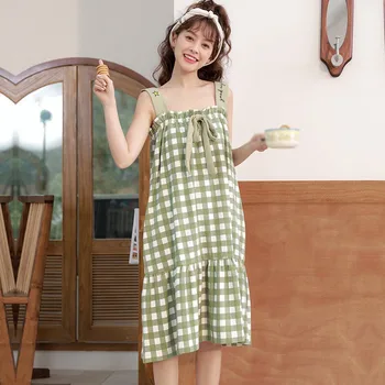 

Summer Women Night Dress Strapless Homewears Plaid Nightgown Fashion Lady Sexy Sleepwears Female Nightie Hot