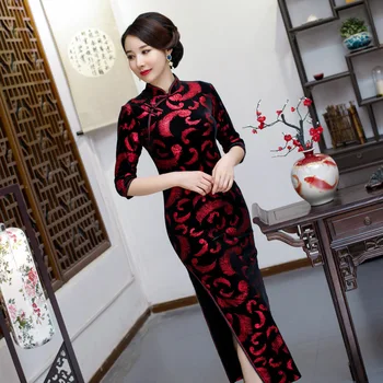 

Qipao Novelty Flower Tight Chinese Women Velvet Dress Vestidos Oriental Classic Vintage Button Cheongsam Evening Party Gown