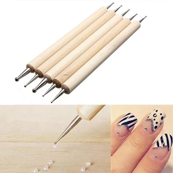 

5PCS Double Head Embellishment Pen Natural Wooden Handle Beauty Tool Point Drill Pen Durable Marble Nail Polish Point Paint Pen