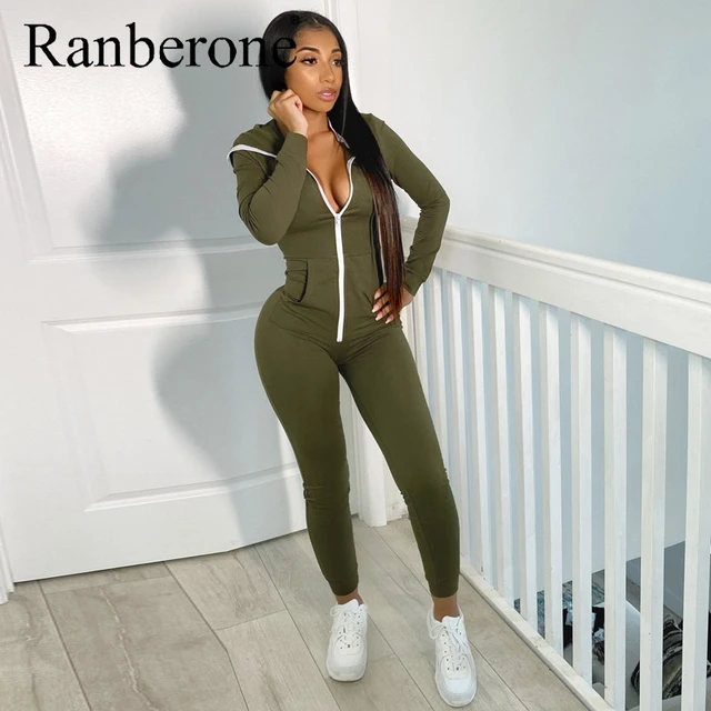 Chándal con cremallera para mujer, Sudadera con capucha, mono para Fitness, mallas deportivas informales para gimnasio, traje de una pieza, 2020 _ - AliExpress Mobile