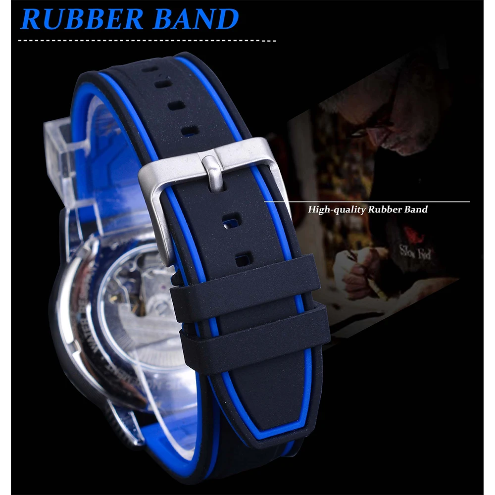 Forsining Luxury Men's Automatic Wristwatch Dual Dial Transparent Waterproof Mechanical Watches Silicone Band Casual Sport Clock