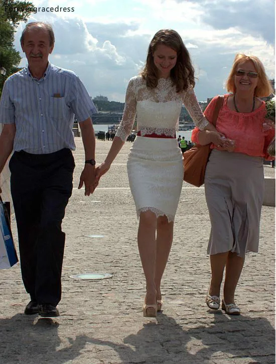 2017 Summer Beach Lace Wedding Dresses Short Two Pieces Simple Sheath Long Sleeves Sheer Bridal Gowns Knee Length  98 (4)